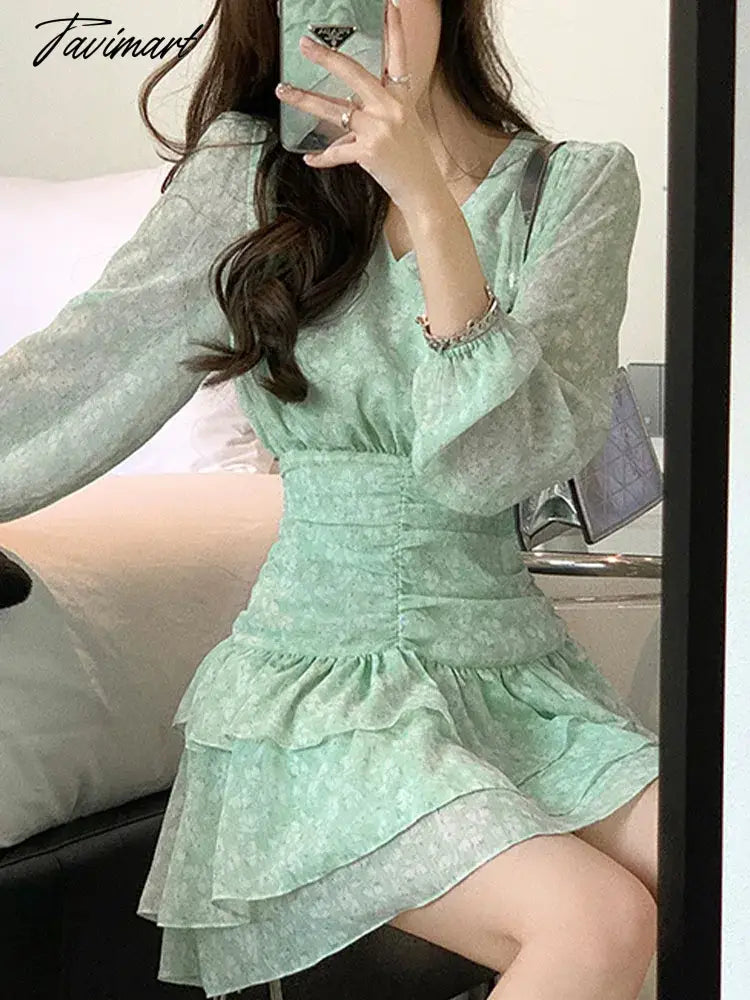 vzyzvChiffon Dress for Women Long Sleeve Streetwear Party Dress Slim Fit Sweet Floral Mini V Neck New Spring Summer Dress