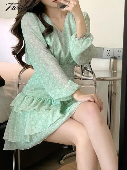 vzyzvChiffon Dress for Women Long Sleeve Streetwear Party Dress Slim Fit Sweet Floral Mini V Neck New Spring Summer Dress