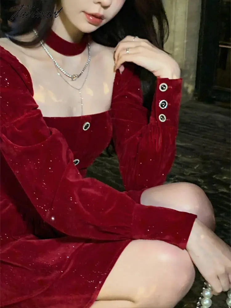 vzyzvChristmas Elegant Velvet Dress Women France Vintage Evening Party Mini Dress Female High Waist Chic Fluffy Dress Autumn New