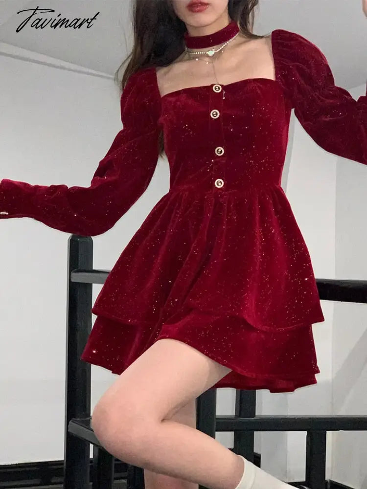 vzyzvChristmas Elegant Velvet Dress Women France Vintage Evening Party Mini Dress Female High Waist Chic Fluffy Dress Autumn New