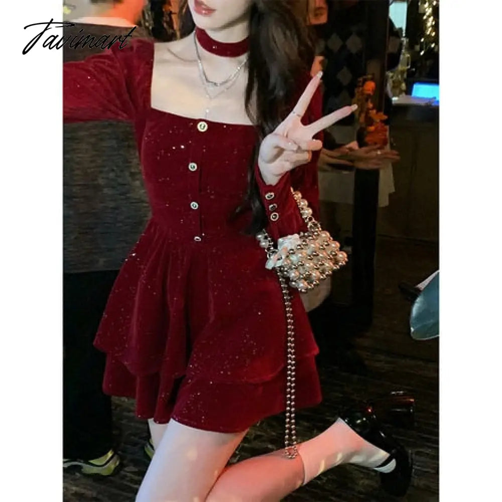 vzyzvChristmas Elegant Velvet Dress Women France Vintage Evening Party Mini Dress Female High Waist Chic Fluffy Dress Autumn New