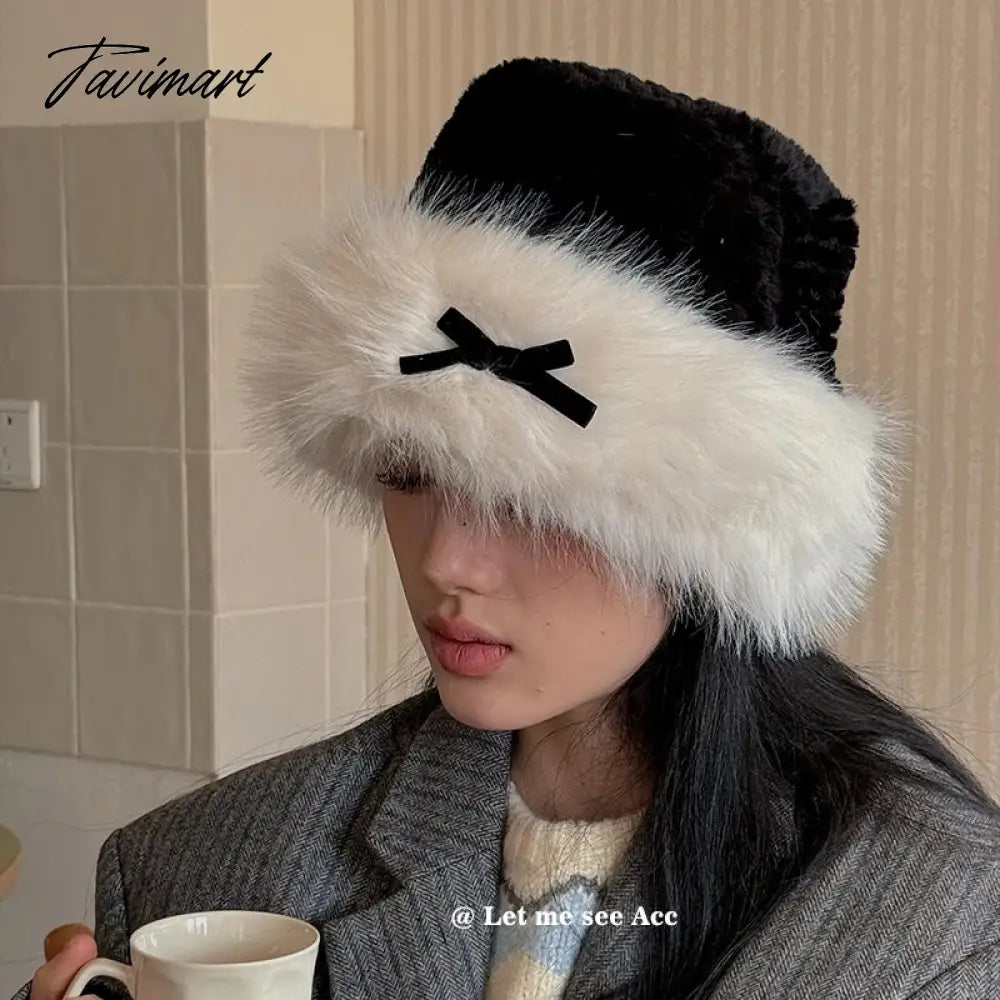 vzyzv Cute Bow Plush Splicing Bucket Hat Winter Japanese Retro Warm Fluffy Ear Protection Knitted Hat Ins Sweet Beautiful Women's Caps