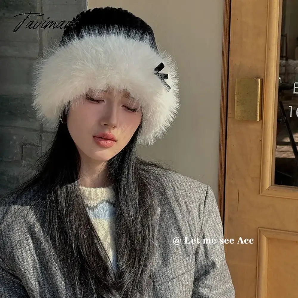 vzyzv Cute Bow Plush Splicing Bucket Hat Winter Japanese Retro Warm Fluffy Ear Protection Knitted Hat Ins Sweet Beautiful Women's Caps