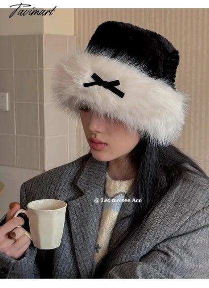 vzyzv Cute Bow Plush Splicing Bucket Hat Winter Japanese Retro Warm Fluffy Ear Protection Knitted Hat Ins Sweet Beautiful Women's Caps