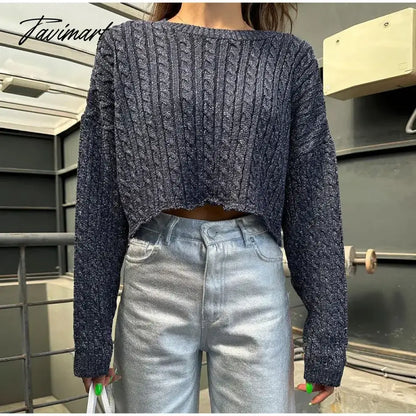 vzyzv Dark Grey Retro Women's Knitted Jumper Pulloer Long Sleeve Loose Fashion Cropped Top Sweater Autumn Chic Casual Lady Streetwear