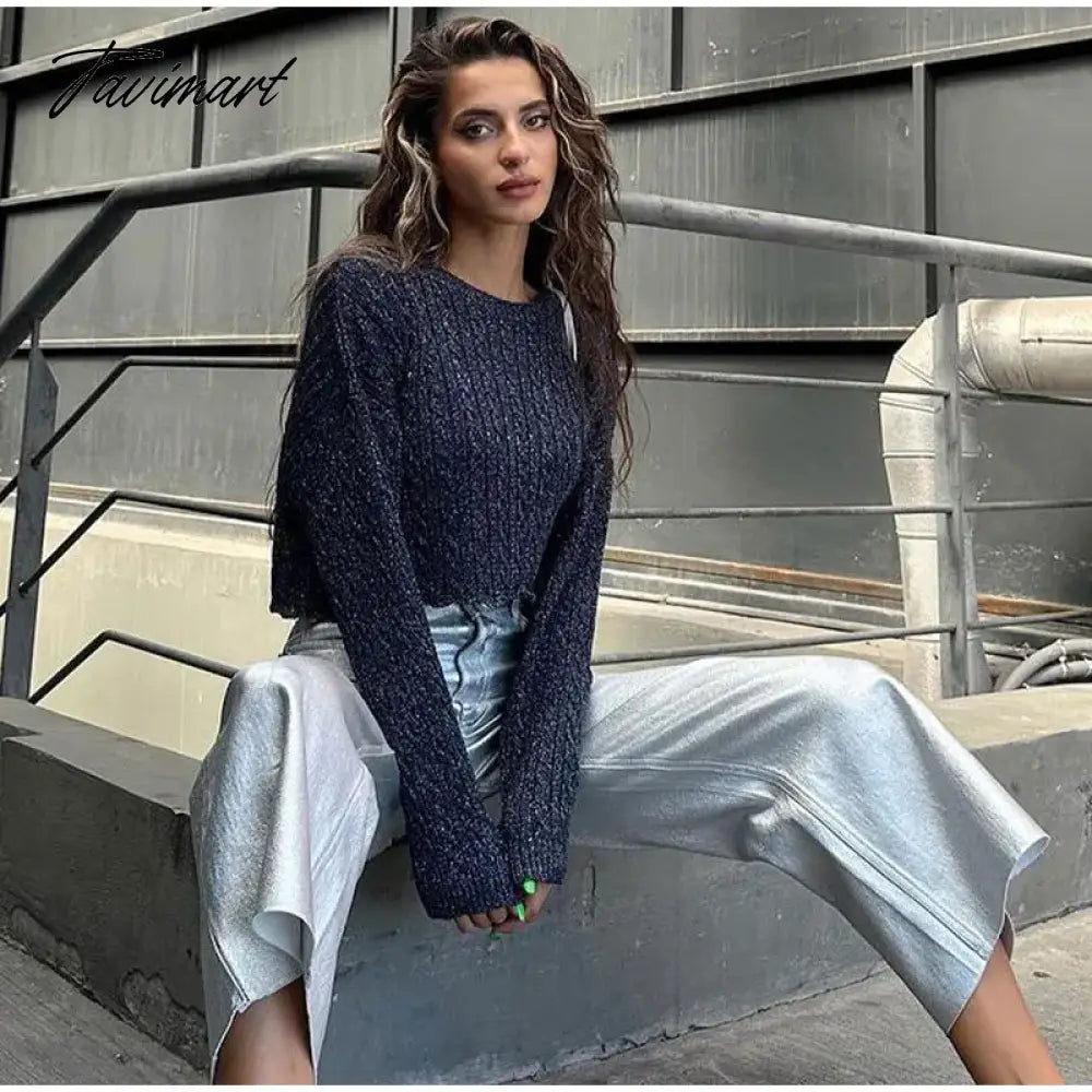 vzyzv Dark Grey Retro Women's Knitted Jumper Pulloer Long Sleeve Loose Fashion Cropped Top Sweater Autumn Chic Casual Lady Streetwear