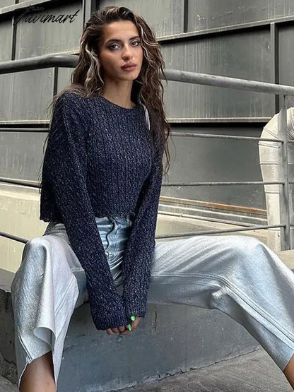 vzyzv Dark Grey Retro Women's Knitted Jumper Pulloer Long Sleeve Loose Fashion Cropped Top Sweater Autumn Chic Casual Lady Streetwear