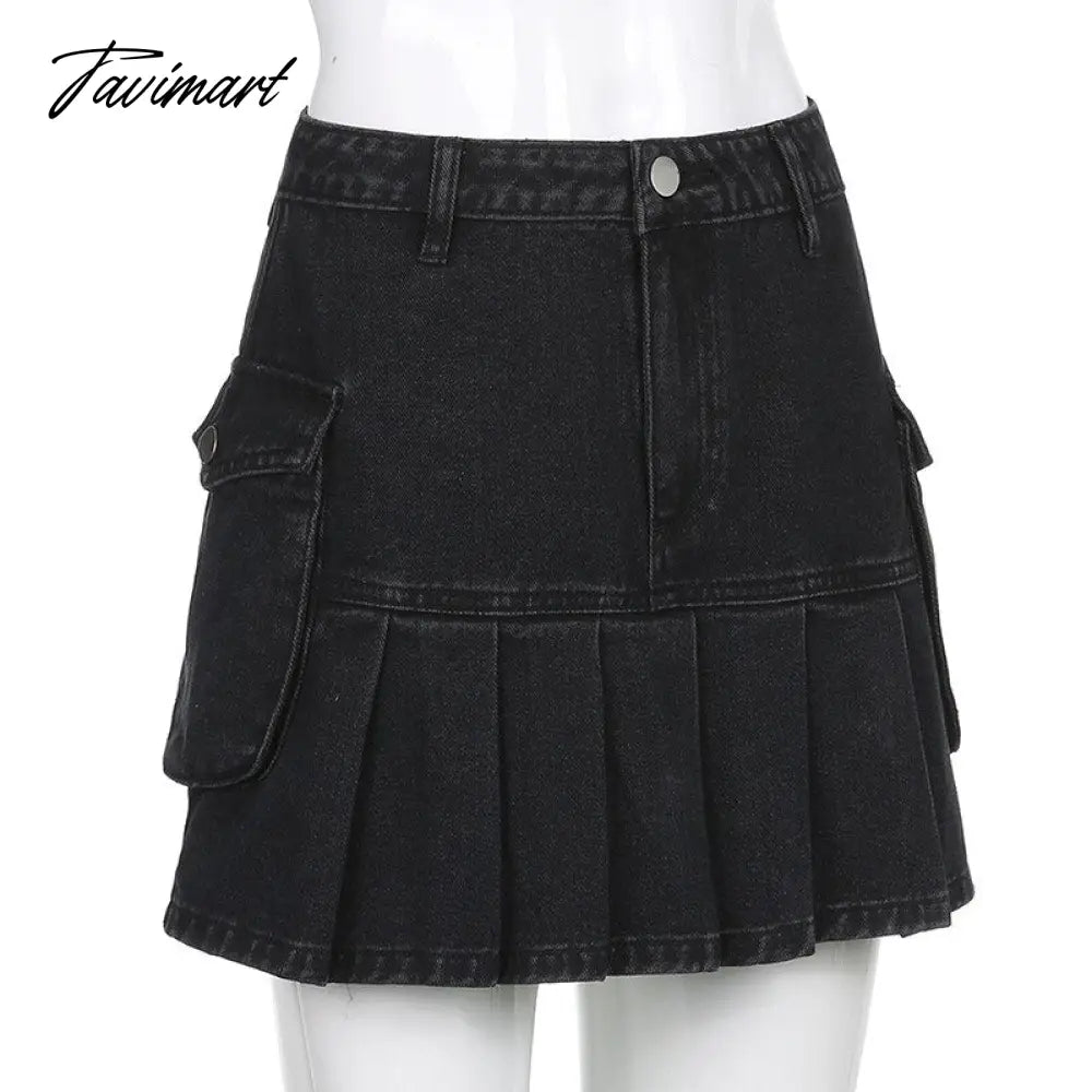 Tavimart Denim Jeans Mini Skirt Micro Gothic Y2k Pleated A Line Black Korean Style Grunge Fairy Punk Streetwear Fashion Women Ladies