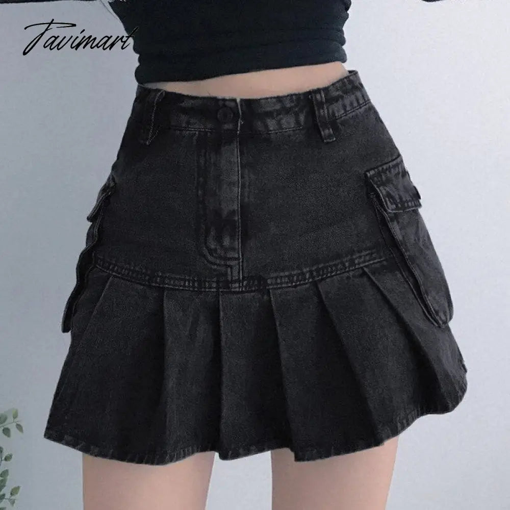 Tavimart Denim Jeans Mini Skirt Micro Gothic Y2k Pleated A Line Black Korean Style Grunge Fairy Punk Streetwear Fashion Women Ladies