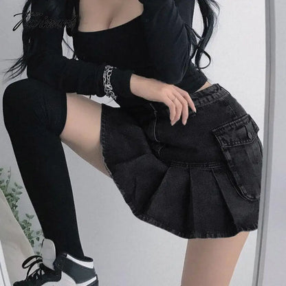 Tavimart Denim Jeans Mini Skirt Micro Gothic Y2k Pleated A Line Black Korean Style Grunge Fairy Punk Streetwear Fashion Women Ladies