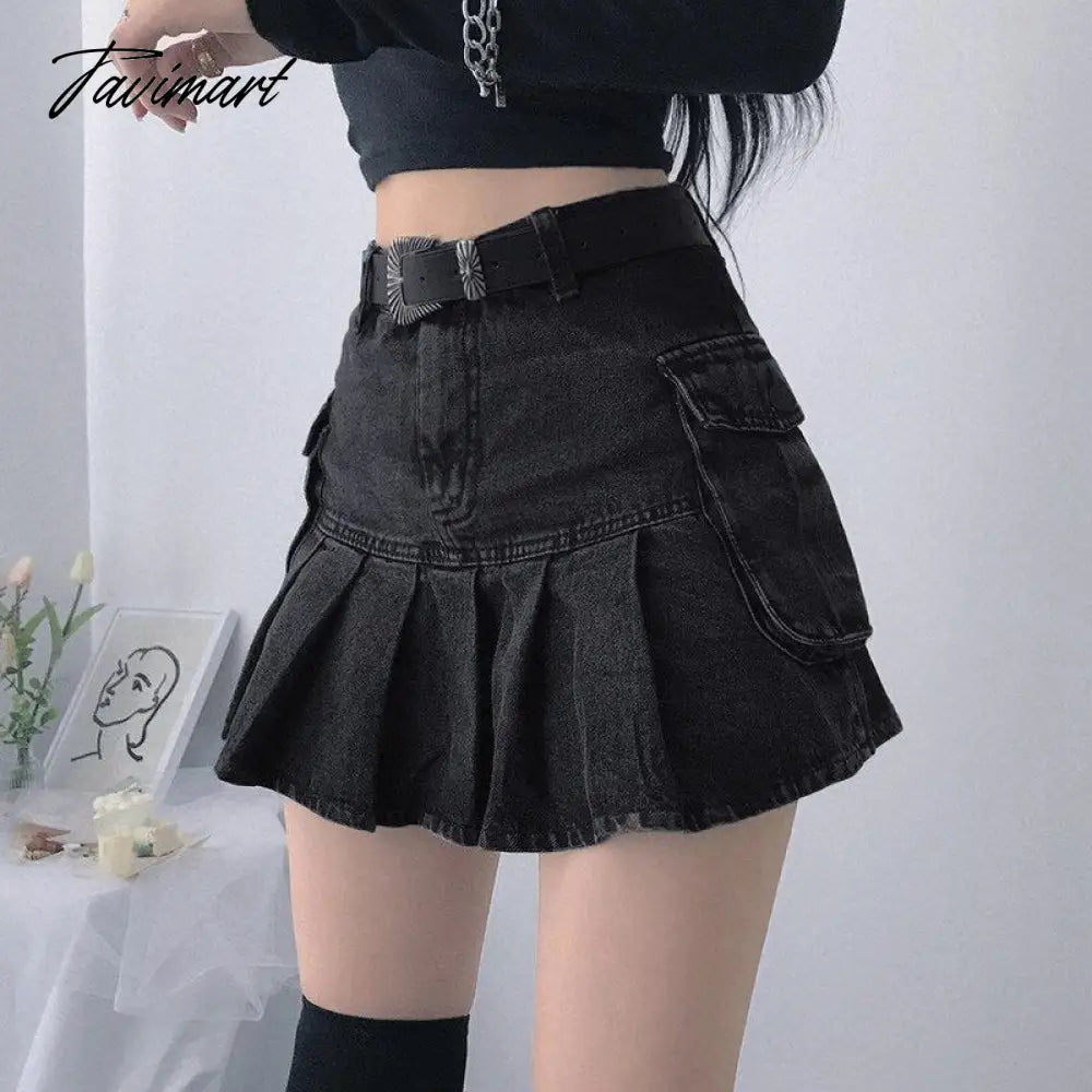 Tavimart Denim Jeans Mini Skirt Micro Gothic Y2k Pleated A Line Black Korean Style Grunge Fairy Punk Streetwear Fashion Women Ladies