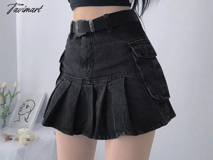 Tavimart Denim Jeans Mini Skirt Micro Gothic Y2k Pleated A Line Black Korean Style Grunge Fairy Punk Streetwear Fashion Women Ladies