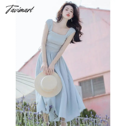 vzyzv Dress Female Summer New French Romantic Retro Simple and Thin Solid Color Square Collar Long Dress