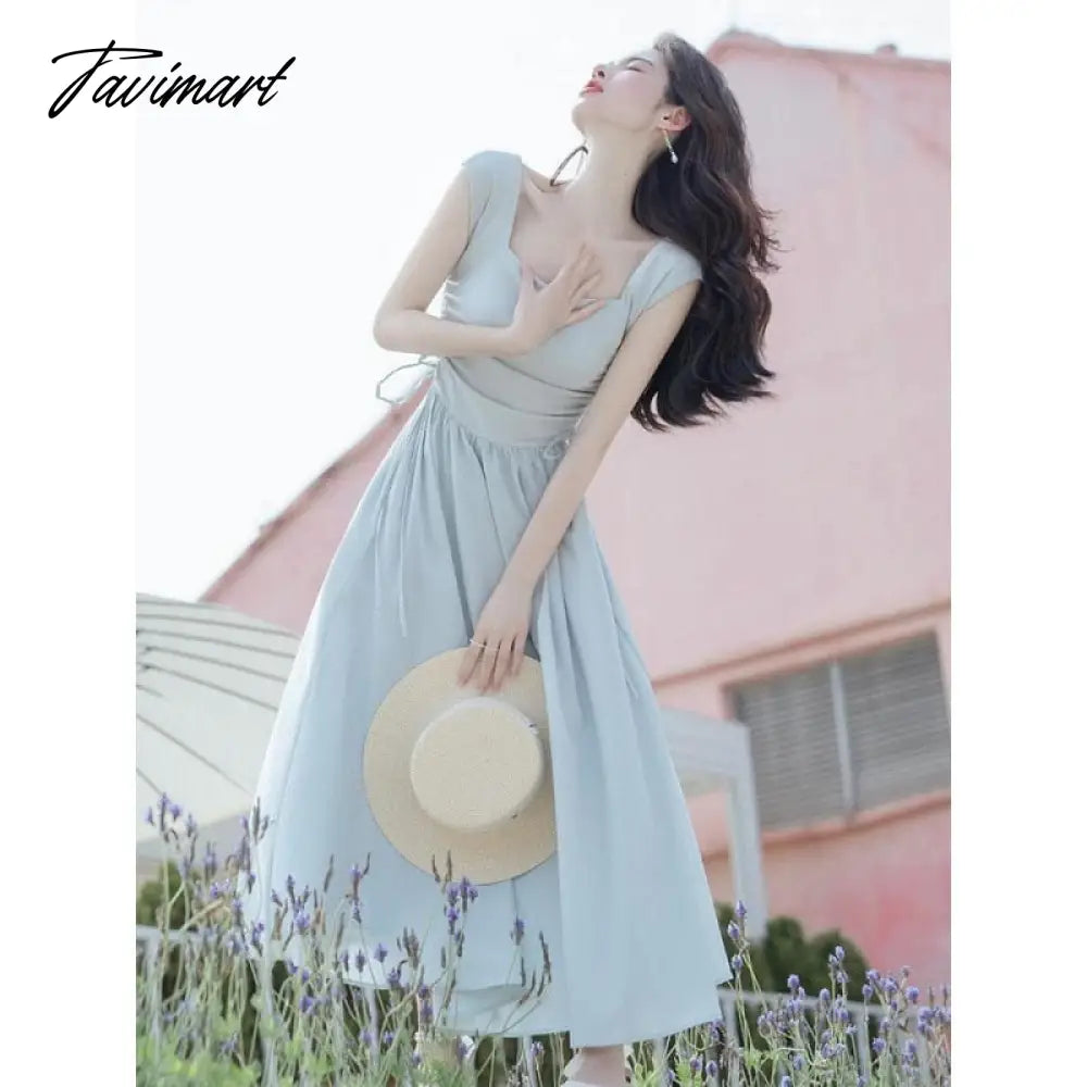 vzyzv Dress Female Summer New French Romantic Retro Simple and Thin Solid Color Square Collar Long Dress