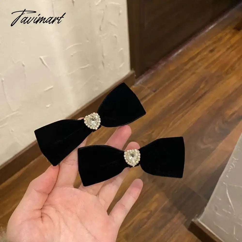 vzyzvElegant Black Velvet Camellia Hair Clip Rhinestone Bowknot Spring Clip Women Korean Hair Styling Barrettes Ribbon Bow Hairpins