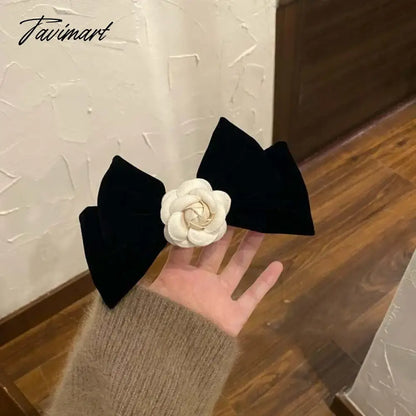 vzyzvElegant Black Velvet Camellia Hair Clip Rhinestone Bowknot Spring Clip Women Korean Hair Styling Barrettes Ribbon Bow Hairpins