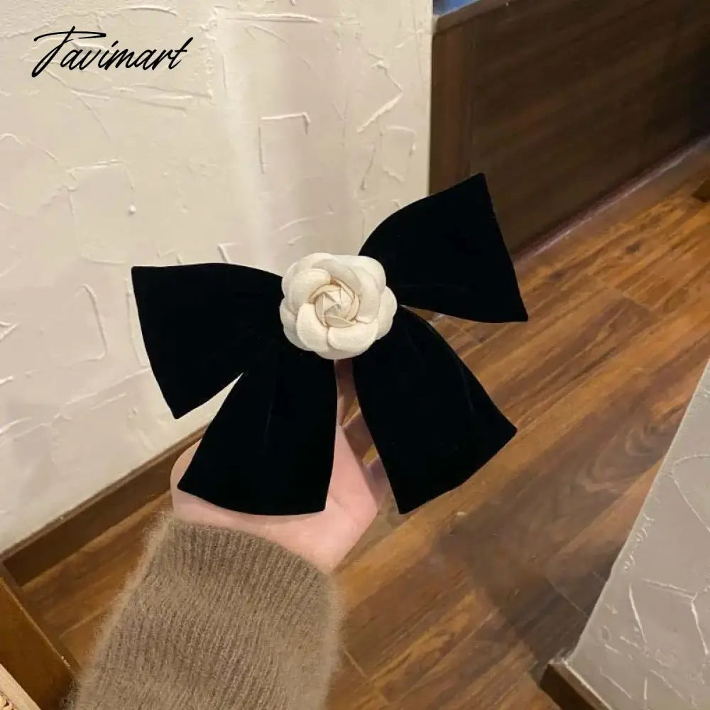 vzyzvElegant Black Velvet Camellia Hair Clip Rhinestone Bowknot Spring Clip Women Korean Hair Styling Barrettes Ribbon Bow Hairpins