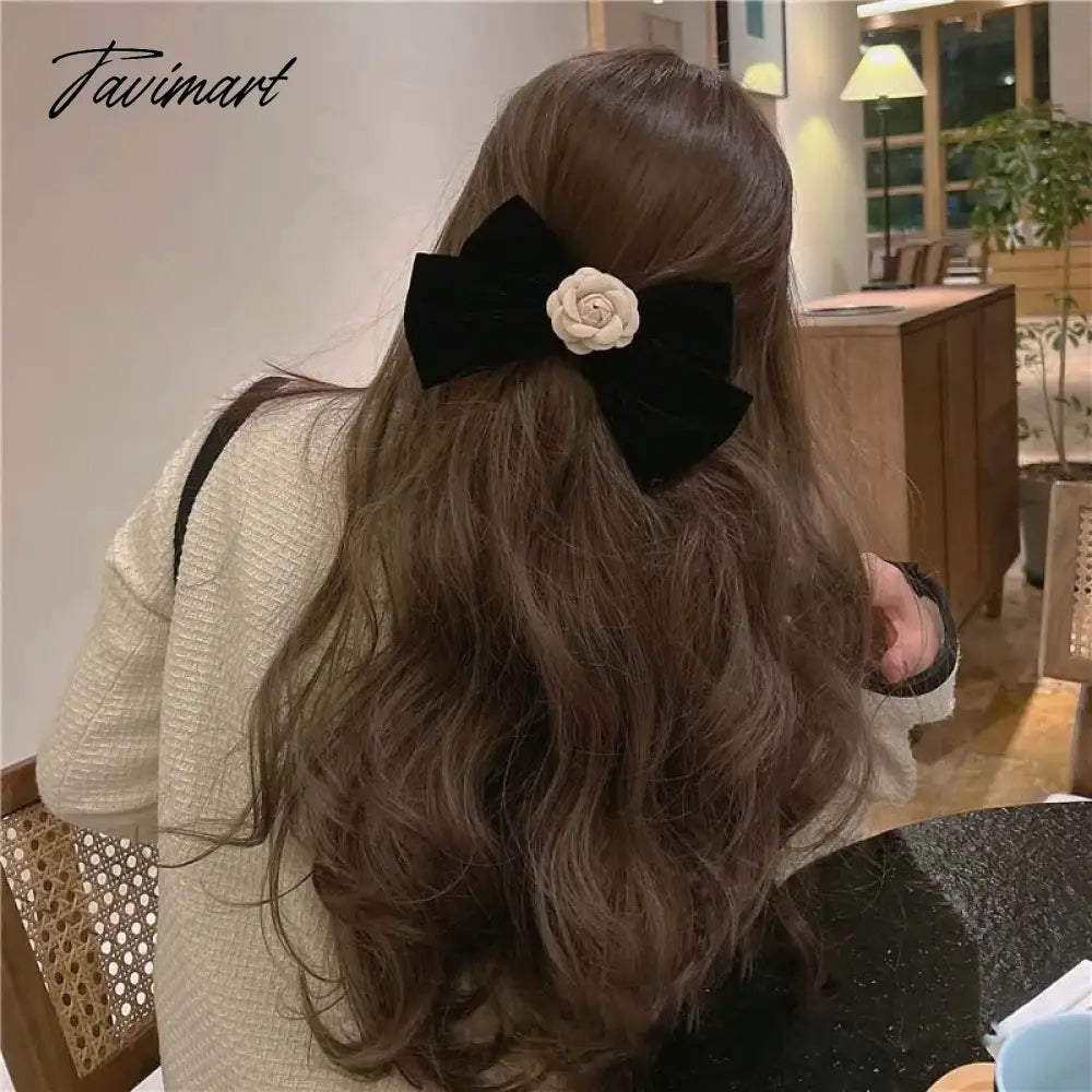 vzyzvElegant Black Velvet Camellia Hair Clip Rhinestone Bowknot Spring Clip Women Korean Hair Styling Barrettes Ribbon Bow Hairpins