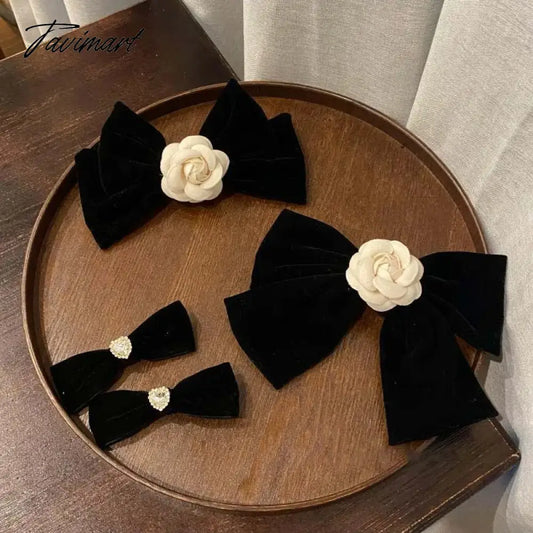 vzyzvElegant Black Velvet Camellia Hair Clip Rhinestone Bowknot Spring Clip Women Korean Hair Styling Barrettes Ribbon Bow Hairpins