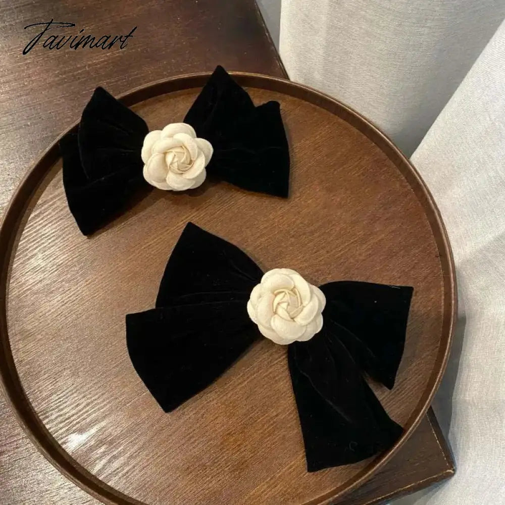 vzyzvElegant Black Velvet Camellia Hair Clip Rhinestone Bowknot Spring Clip Women Korean Hair Styling Barrettes Ribbon Bow Hairpins