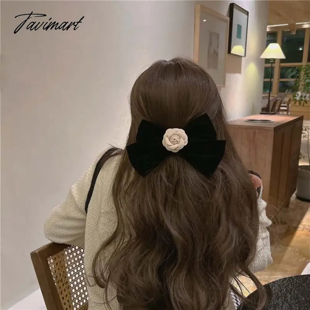 vzyzvElegant Black Velvet Camellia Hair Clip Rhinestone Bowknot Spring Clip Women Korean Hair Styling Barrettes Ribbon Bow Hairpins