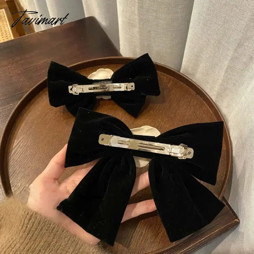 vzyzvElegant Black Velvet Camellia Hair Clip Rhinestone Bowknot Spring Clip Women Korean Hair Styling Barrettes Ribbon Bow Hairpins