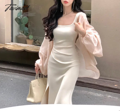 vzyzvElegant Dress for Women Sleeveless Streetwear Split Dress Office Lady Solid Sheath Spaghetti Strap New Spring Summer Dress