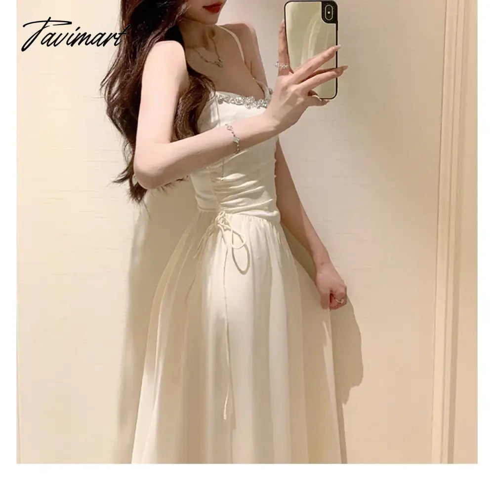 vzyzvElegant Dresses for Women Sleeveless Party French Style Dress Fairycore Folds Midi Spaghetti Strap New Spring Summer Dress