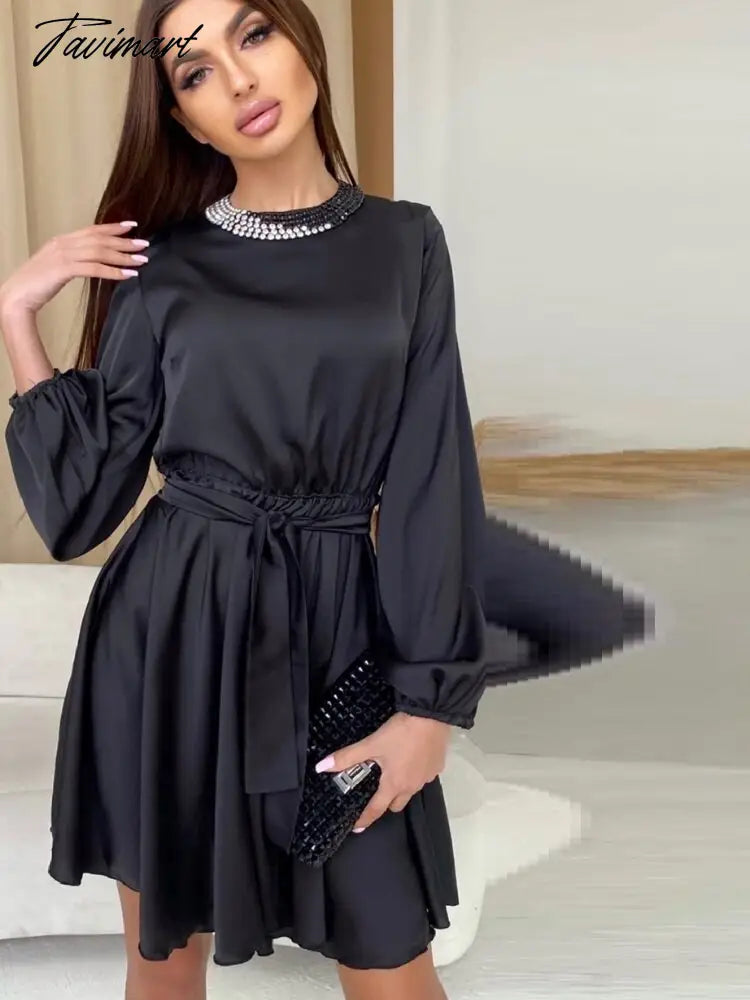 vzyzvElegant Lantern Sleeve Satin Mini Dress Women Sexy High Waist Sashes A Line Party Dress Spring Summer New Fashion Clothing