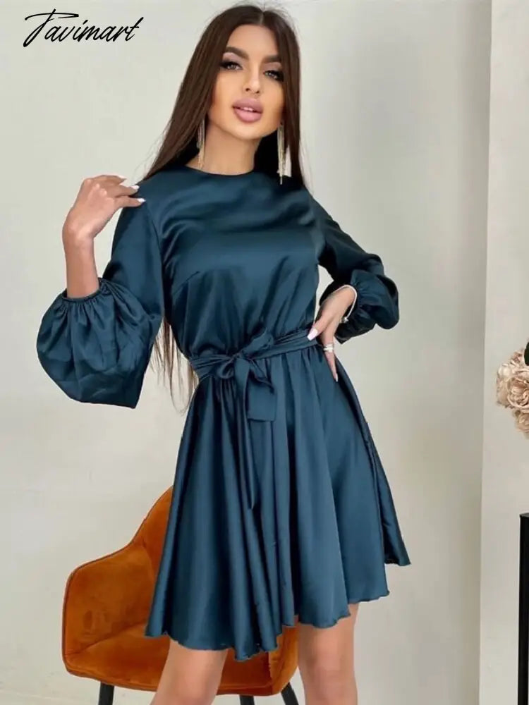 vzyzvElegant Lantern Sleeve Satin Mini Dress Women Sexy High Waist Sashes A Line Party Dress Spring Summer New Fashion Clothing