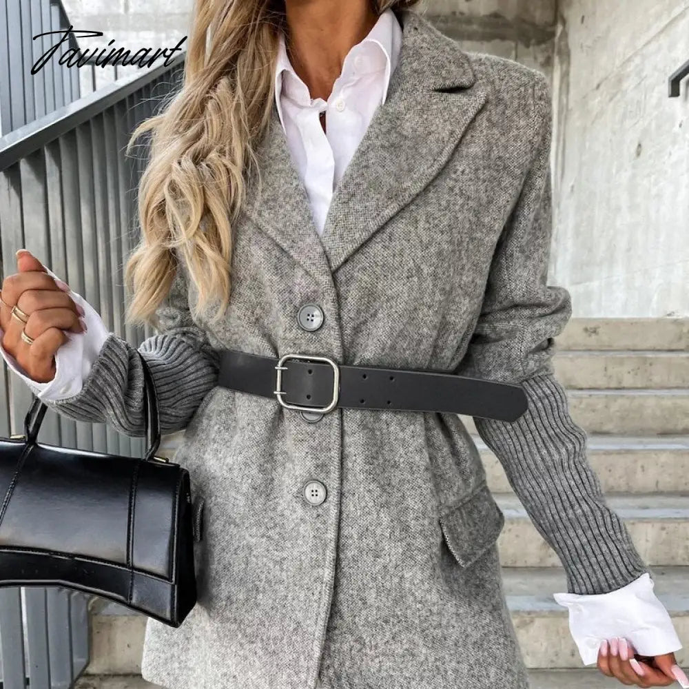 vzyzv Elegant Office Lady Commute Retro Overcoat Women Winter Single-Breasted Woolen Coat Fashion Patchwork Knitted Long Sleeve Jacket