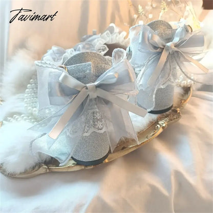 vzyzv Elegant Retro Style Lolita Cosplay Tea Party Girl Shoes Pointed Lace Ruffled Ribbon Bow Flower Pearl Gem 4.5cm High Heeled Shoes