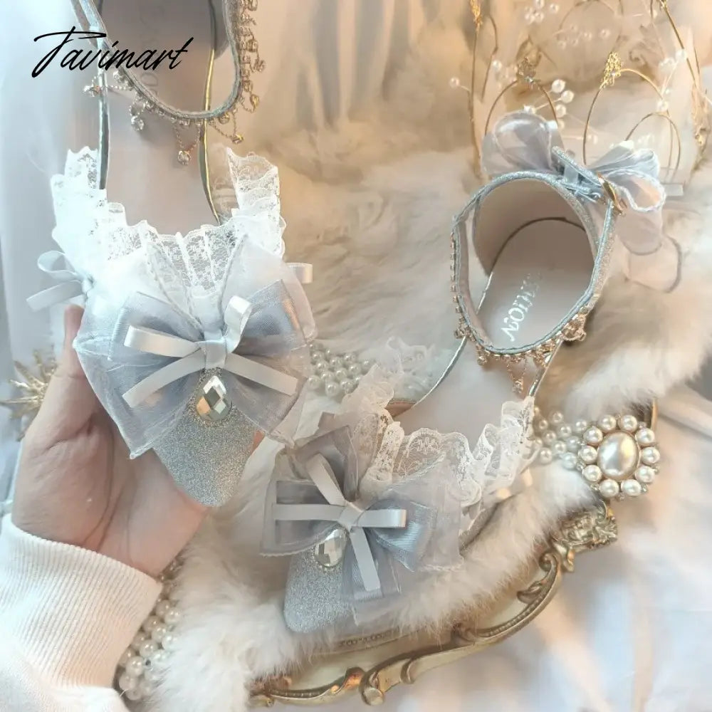 vzyzv Elegant Retro Style Lolita Cosplay Tea Party Girl Shoes Pointed Lace Ruffled Ribbon Bow Flower Pearl Gem 4.5cm High Heeled Shoes