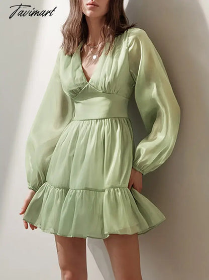 vzyzvElegant Satin Mesh High Waist Dress Spring/Autumn Women French Palace Wind A-line Skirt Party Resort Mini Dresses A1930