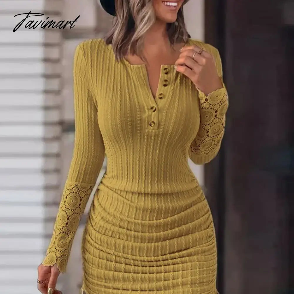 vzyzvElegant Slim Patchwork Lace Short Dresses Spring Long Sleeve Round Neck Party Dress Women Sexy Solid Drawstring Mini Dress