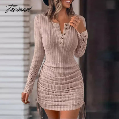 vzyzvElegant Slim Patchwork Lace Short Dresses Spring Long Sleeve Round Neck Party Dress Women Sexy Solid Drawstring Mini Dress