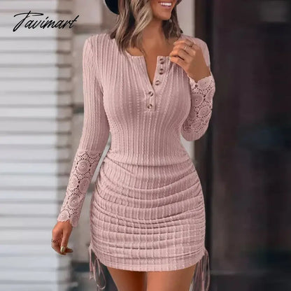 vzyzvElegant Slim Patchwork Lace Short Dresses Spring Long Sleeve Round Neck Party Dress Women Sexy Solid Drawstring Mini Dress