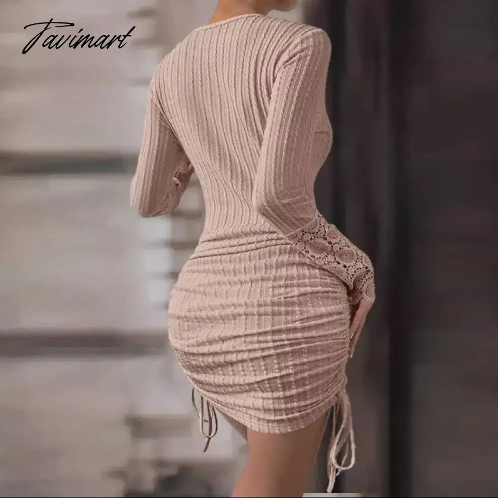 vzyzvElegant Slim Patchwork Lace Short Dresses Spring Long Sleeve Round Neck Party Dress Women Sexy Solid Drawstring Mini Dress