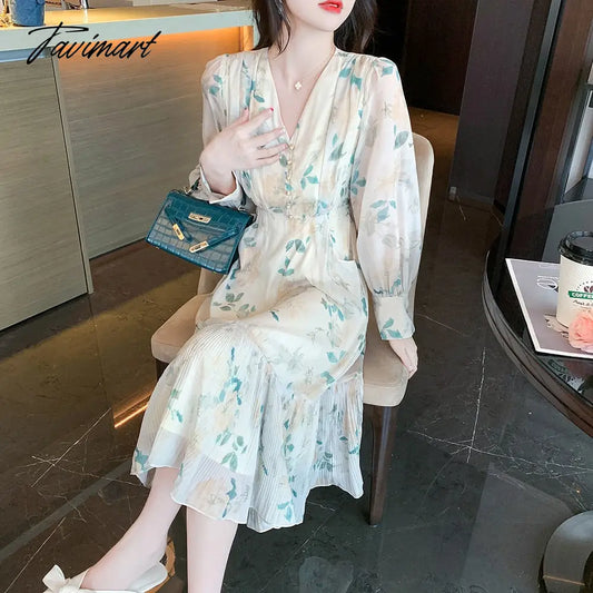 vzyzvElegant Spring Summer Women V-Neck Floral Print Dress Sashes Pockets Puff  Full Sleeve Female Midi Dresses Vestido DS62