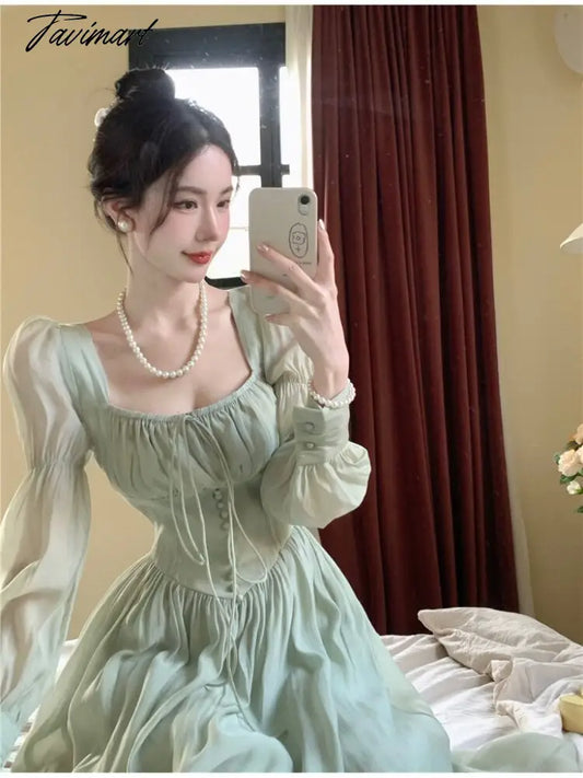 vzyzvElegant Sweet Square Collar Lace Up Dress for Women Spring New Puff Sleeve Vestidos Mujer High Waist Slim Ruched Long Dresses