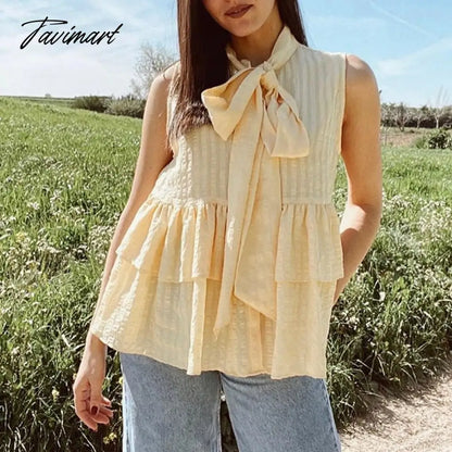 vzyzvElegant Tie a Bow Deep Ruffled Vintage Sleeveless Blouseрубашка женская  Shirt Spring Summer  Chic Tops