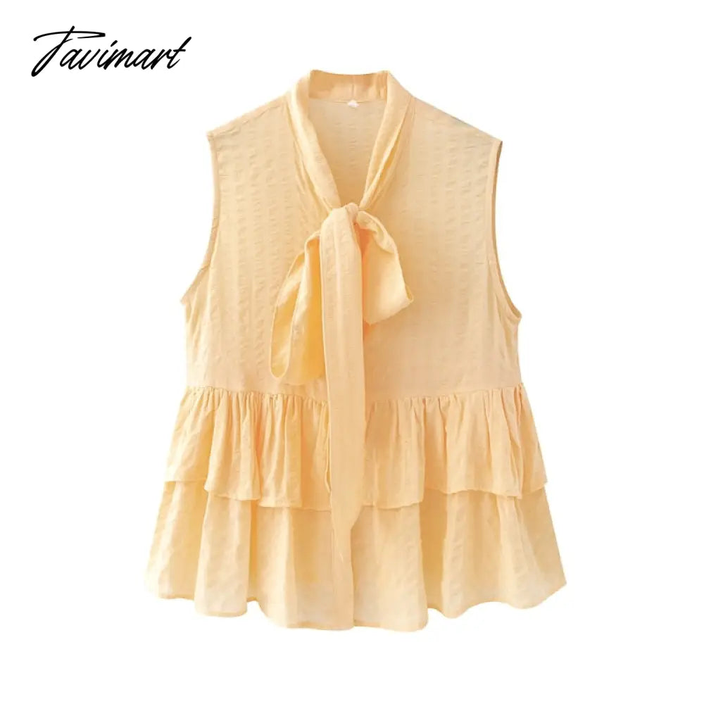 vzyzvElegant Tie a Bow Deep Ruffled Vintage Sleeveless Blouseрубашка женская  Shirt Spring Summer  Chic Tops