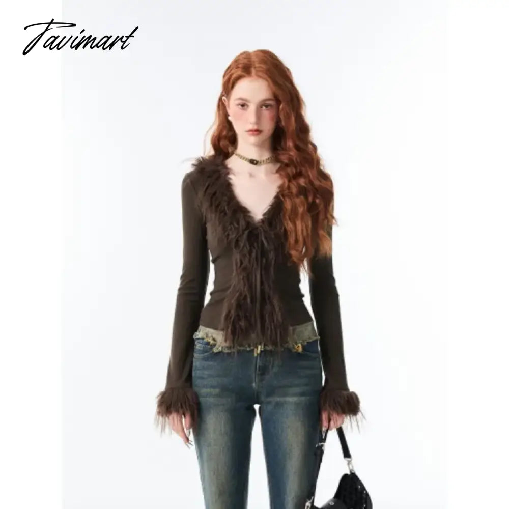 vzyzvElegant Vintage V-neck Lace Up Furry Plush Cardigan Women Spring Crop Top Long Sleeve Sweaters Sexy Slim Fit Bottoming Tops