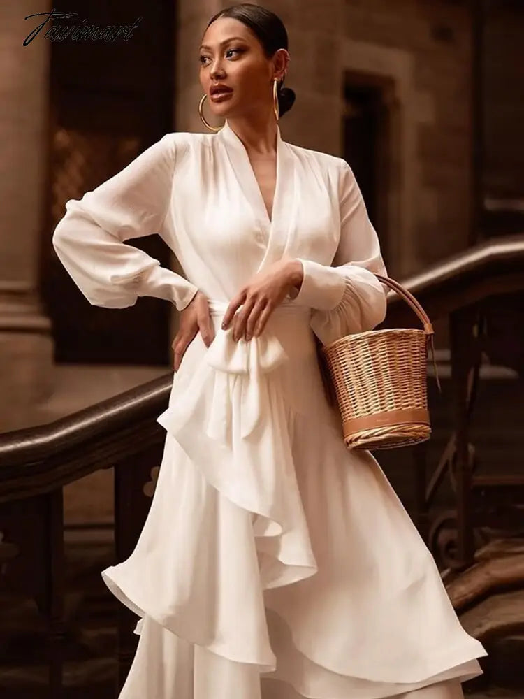 vzyzvElegant White Chic V Neck Dress Spring/Autumn Women Solid Lantern Sleeve Dress Party Lady Multi-layer Ruffle Dresses A1918