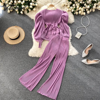 vzyzvElegant Women Purple Pant Suits Spring Autumn Solid Puff Sleeve Top Pleated Chiffon Wide-Leg Pants 2 Piece Set Female Outfit