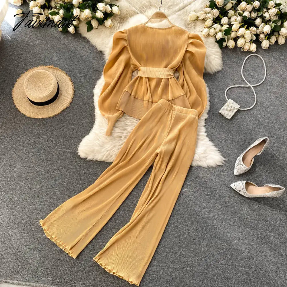 vzyzvElegant Women Purple Pant Suits Spring Autumn Solid Puff Sleeve Top Pleated Chiffon Wide-Leg Pants 2 Piece Set Female Outfit