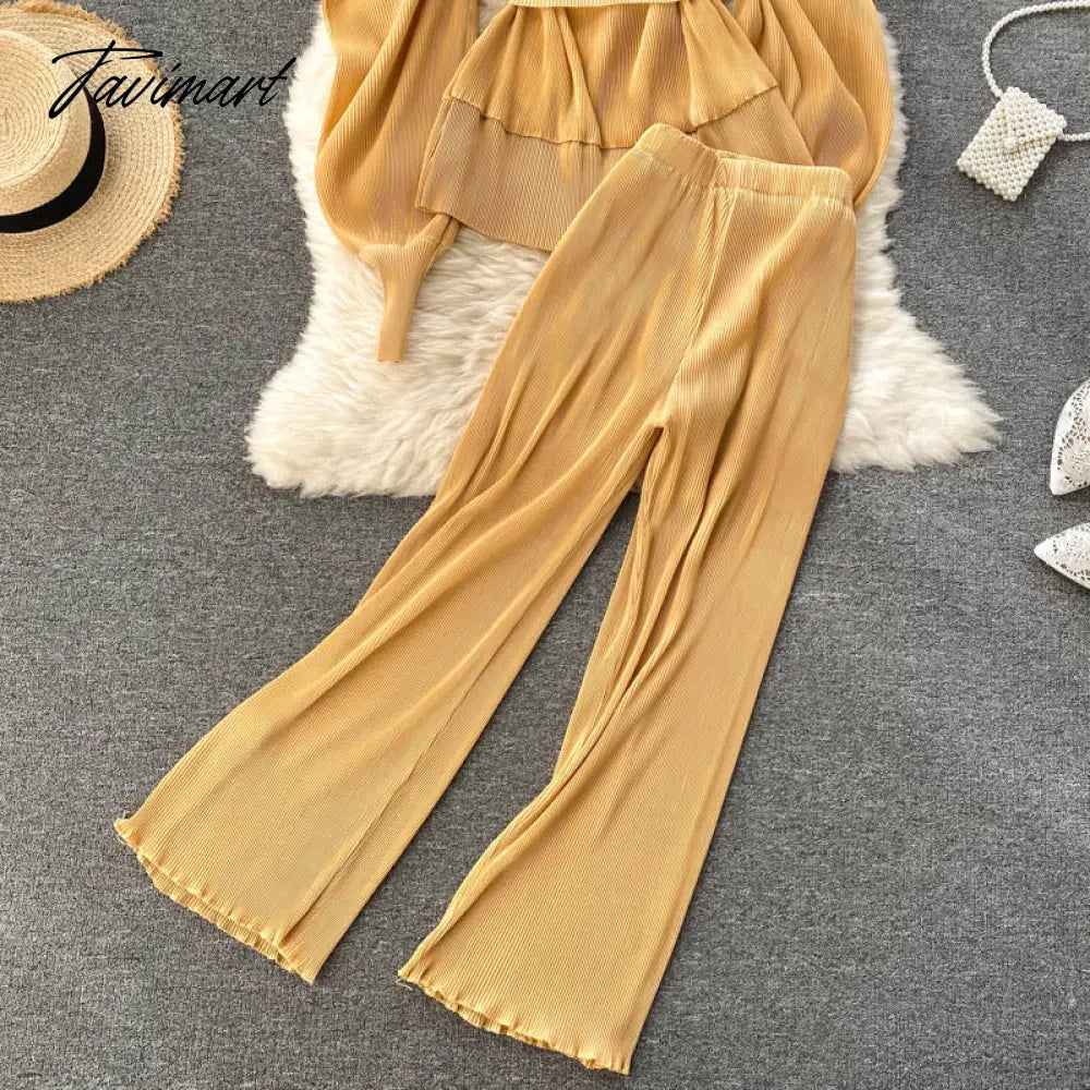 vzyzvElegant Women Purple Pant Suits Spring Autumn Solid Puff Sleeve Top Pleated Chiffon Wide-Leg Pants 2 Piece Set Female Outfit