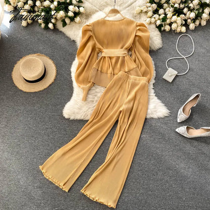 vzyzvElegant Women Purple Pant Suits Spring Autumn Solid Puff Sleeve Top Pleated Chiffon Wide-Leg Pants 2 Piece Set Female Outfit