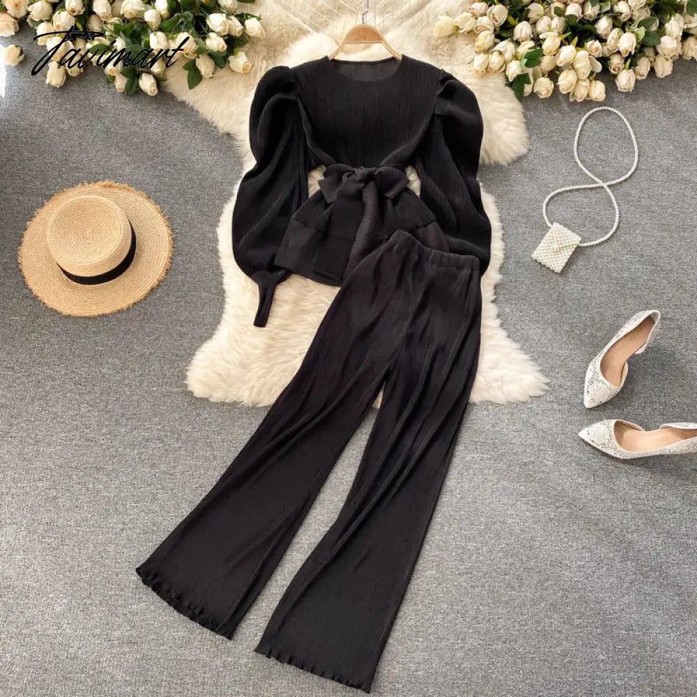 vzyzvElegant Women Purple Pant Suits Spring Autumn Solid Puff Sleeve Top Pleated Chiffon Wide-Leg Pants 2 Piece Set Female Outfit