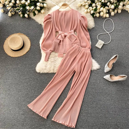 vzyzvElegant Women Purple Pant Suits Spring Autumn Solid Puff Sleeve Top Pleated Chiffon Wide-Leg Pants 2 Piece Set Female Outfit